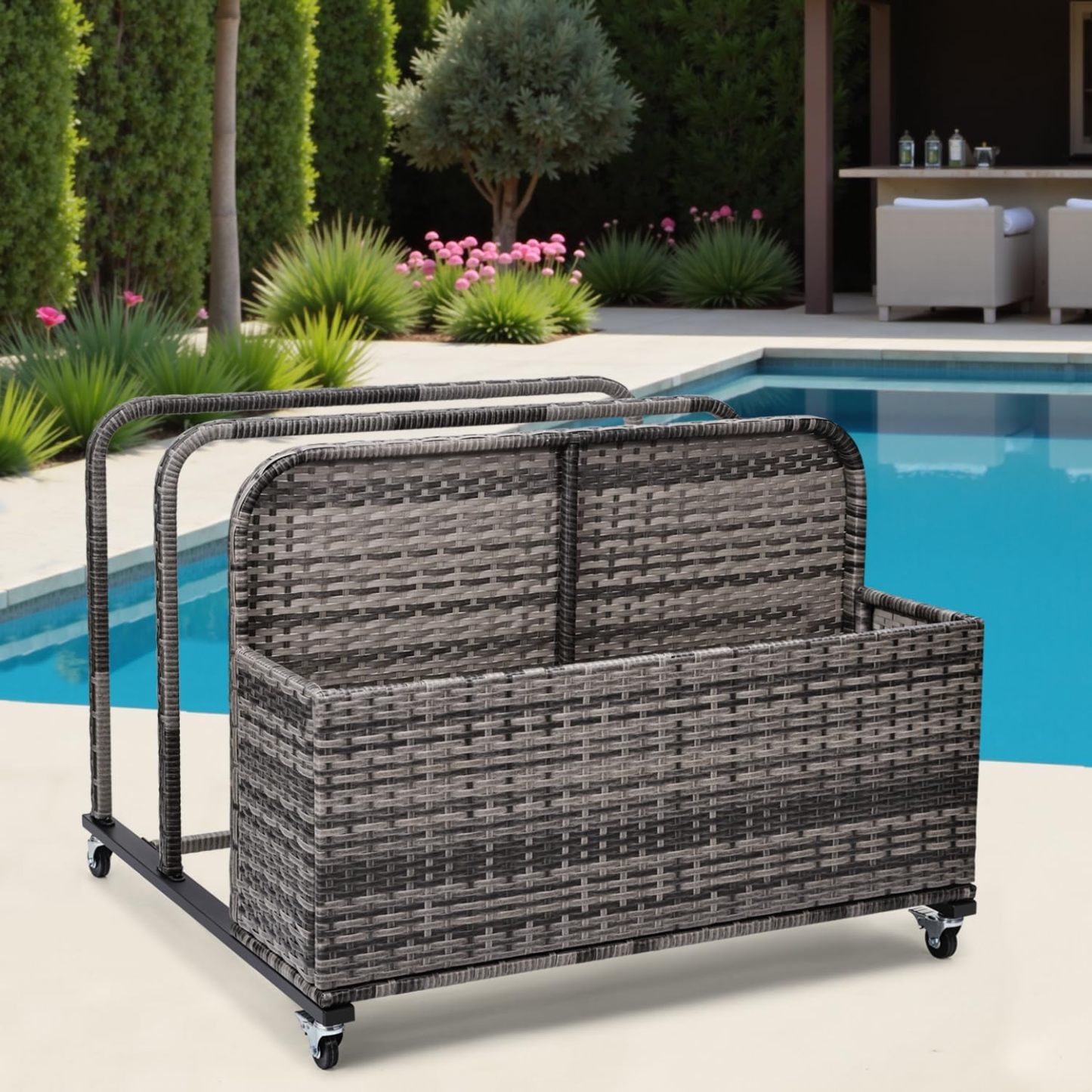 Pool Toy Storage Holder with Wicker Basket Outdoor Pool Float Holder Storage Rack Rolling Pool Caddy Cart