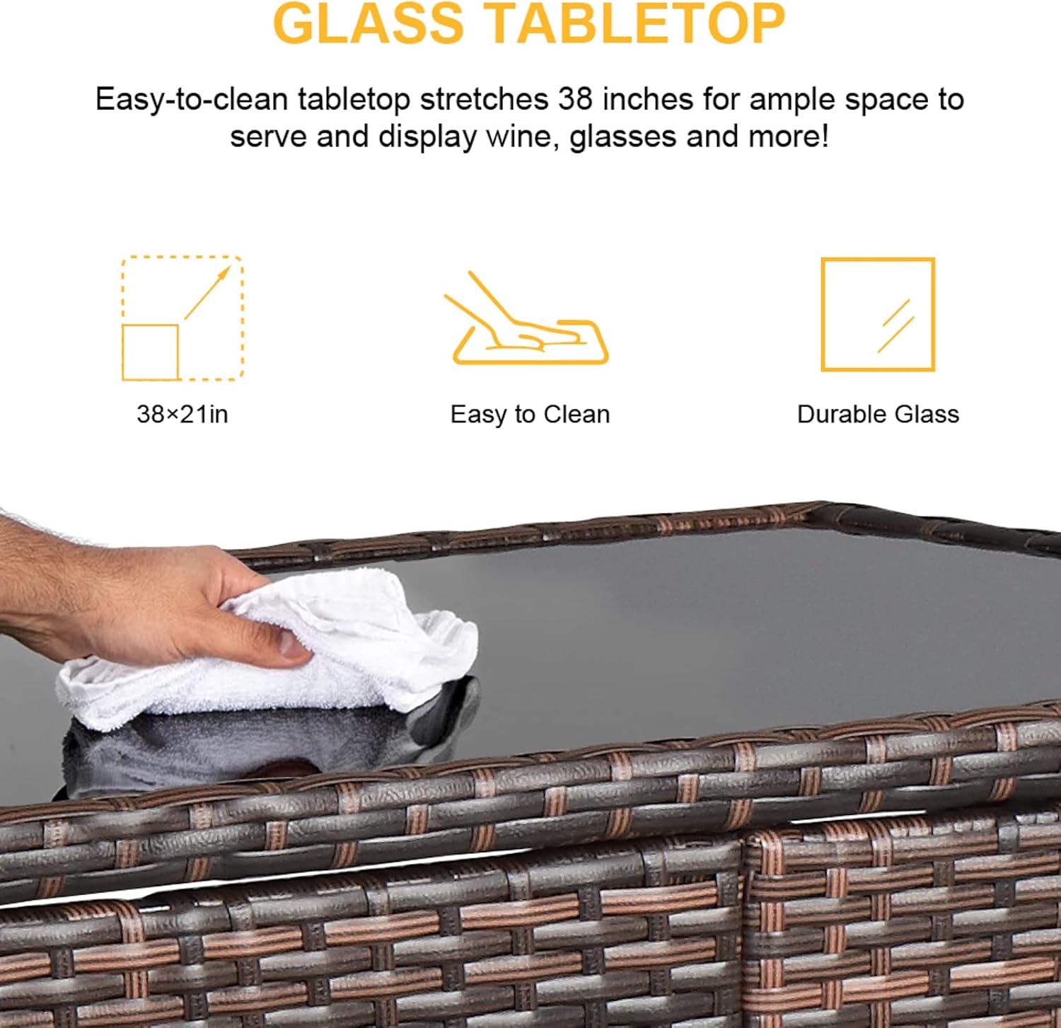 Wicker Patio Outdoor Bar Set with Glass Top Table and Two Cushioned Stools Brown Backyard Furniture