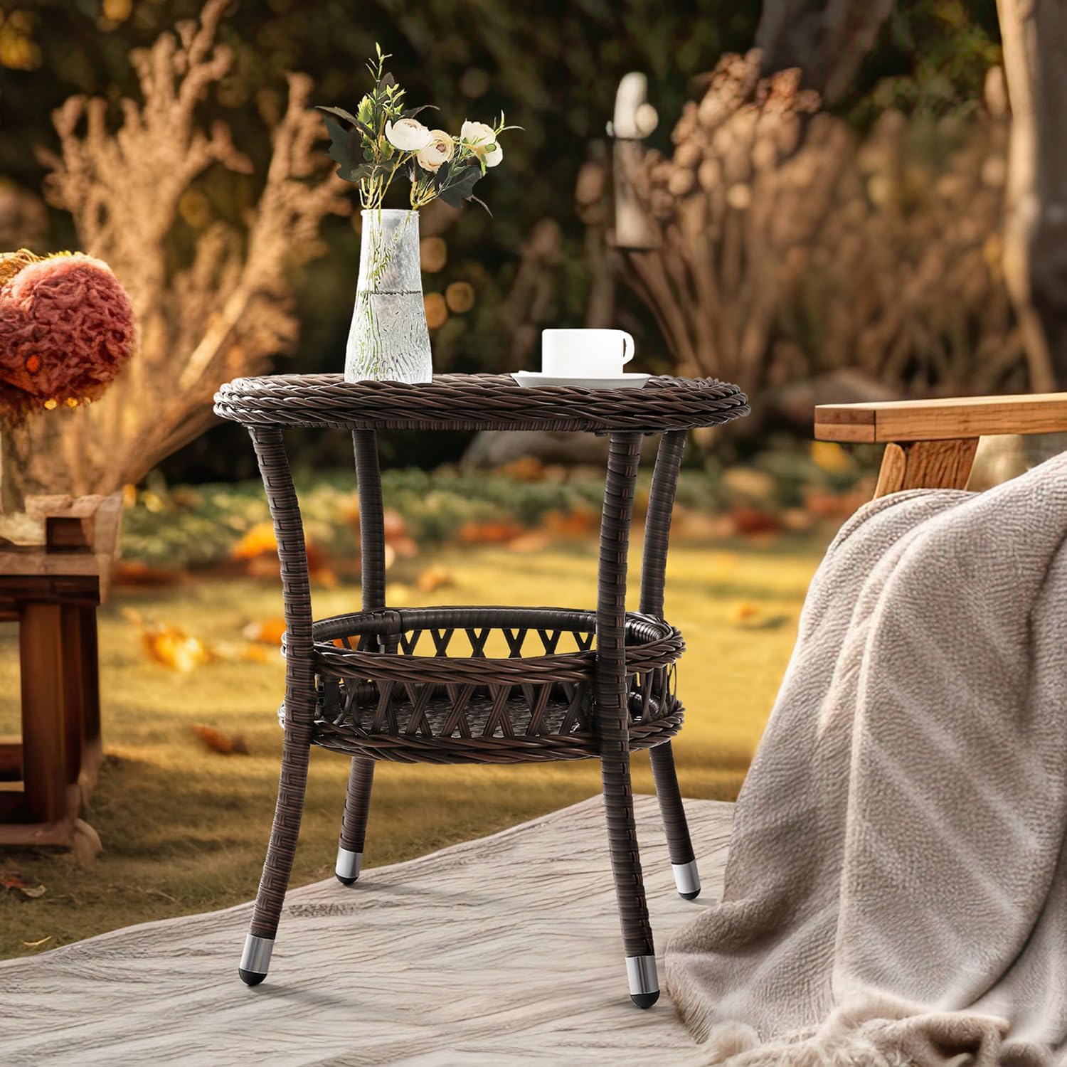 Outdoor Side Table Patio Wicker Coffee Table Outdoor End Table Rattan Bistro Table with Storage & Black Glass Table Top