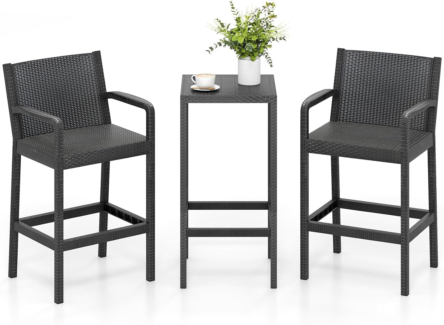 3 Pieces Patio Bar Set, Outdoor Curved Heavy Duty Bar Chairs and Square Table for 2