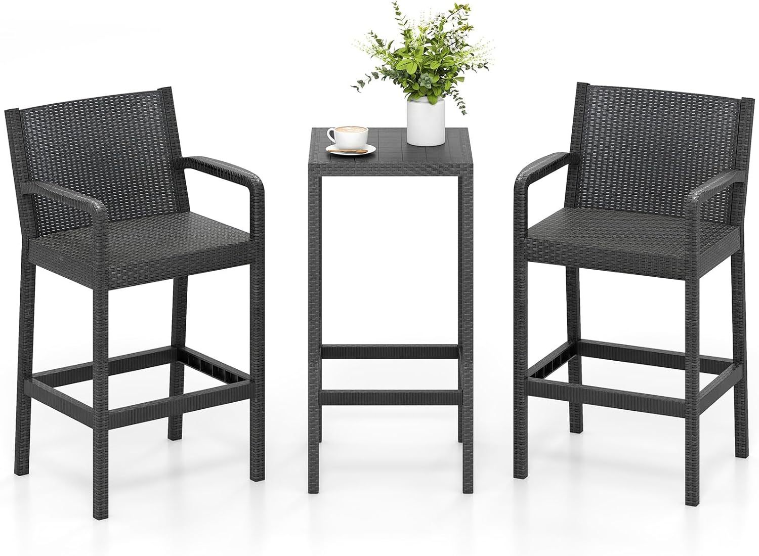 3 Pieces Patio Bar Set, Outdoor Curved Heavy Duty Bar Chairs and Square Table for 2