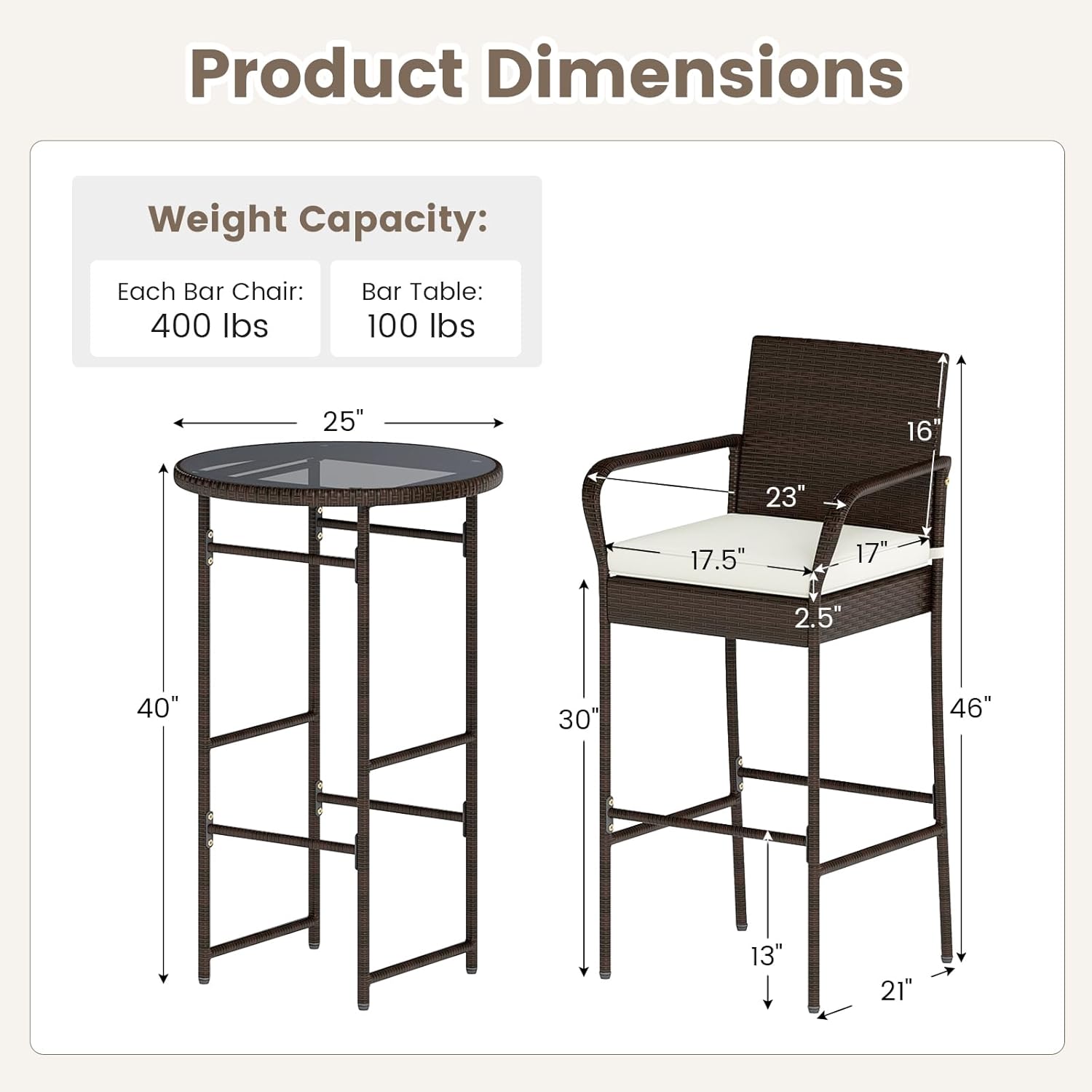 3 Piece Outdoor Bar Set, Patio Rattan Heavy Duty Bar Height Glass Top Table & Chairs