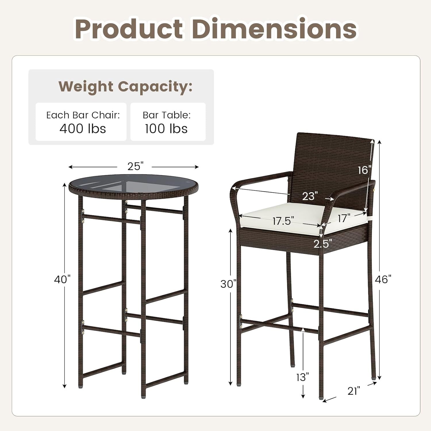 3 Piece Outdoor Bar Set, Patio Rattan Heavy Duty Bar Height Glass Top Table & Chairs