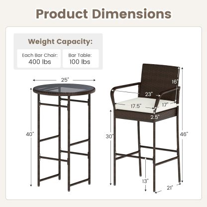 3 Piece Outdoor Bar Set, Patio Rattan Heavy Duty Bar Height Glass Top Table & Chairs
