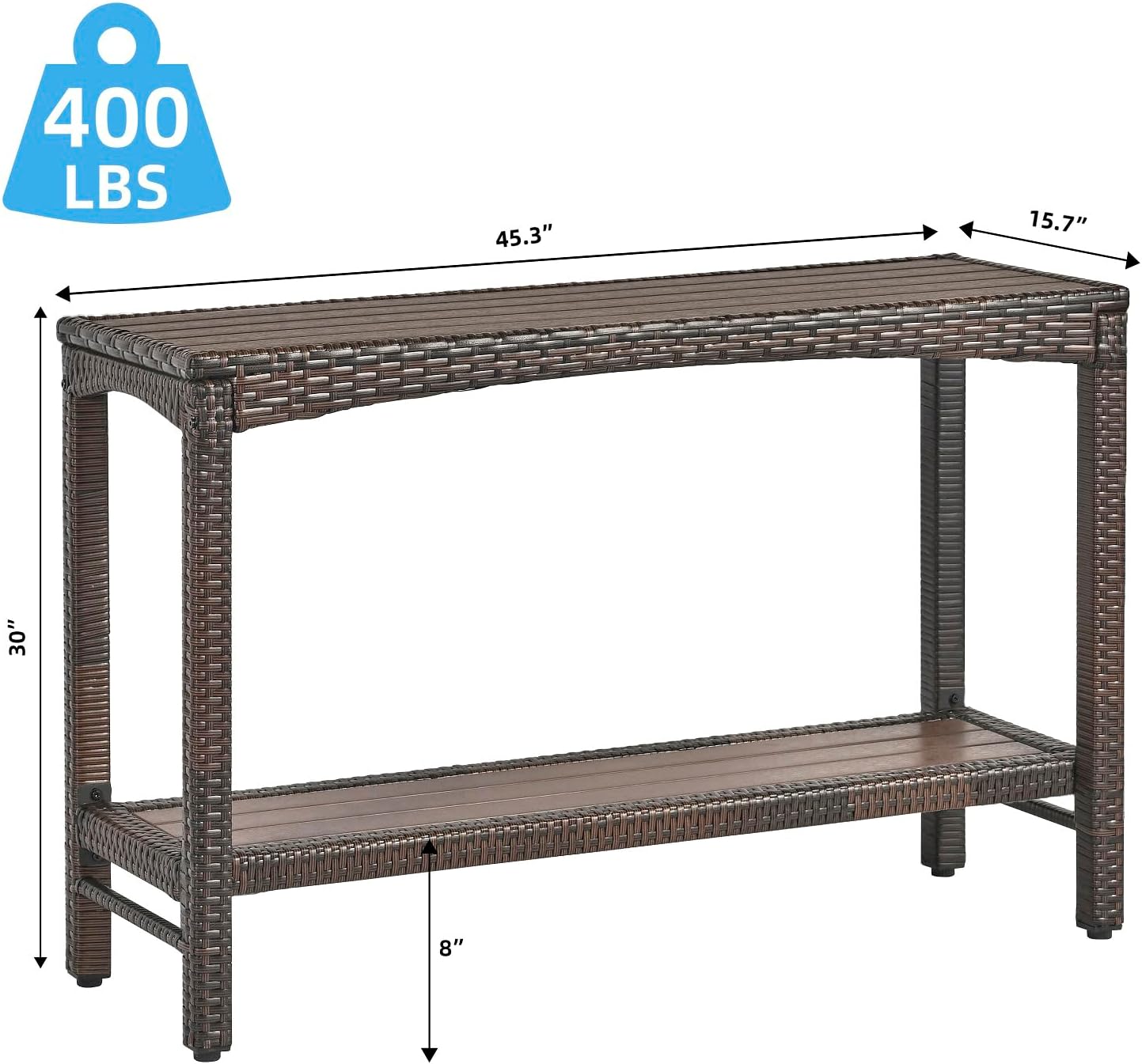 45" Long Wicker Sofa Serving Sideboard Table 2-Shelf Outdoor Bar Table Tall Rectangle Narrow with Adjustable Feet