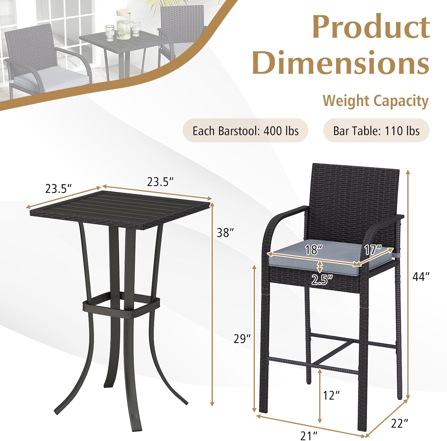 3 Piece Patio Wicker Bar Set, Outdoor Rattan Counter Height Cushioned Chairs & Square Table with Heavy-Duty Metal Frame