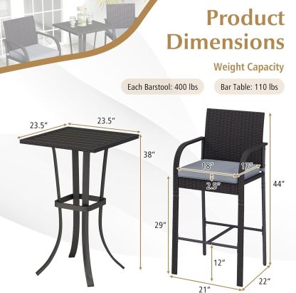3 Piece Patio Wicker Bar Set, Outdoor Rattan Counter Height Cushioned Chairs & Square Table with Heavy-Duty Metal Frame