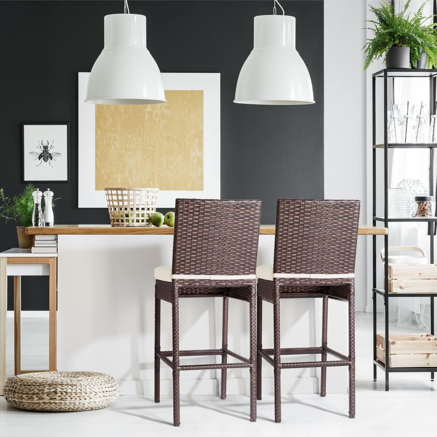 Outdoor Bar Stools Wicker Woven Patio Stools & Patio Bar Chairs Set of 2 Counter Bar Height Stools with Footrest