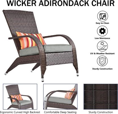 Wicker Adirondack Chair Fire Pit Chairs Oversized Comfy Patio Chairs Outdoor Wicker Rattan Chairs with Cushion Grey Low Deep Seating High Back with Pillow