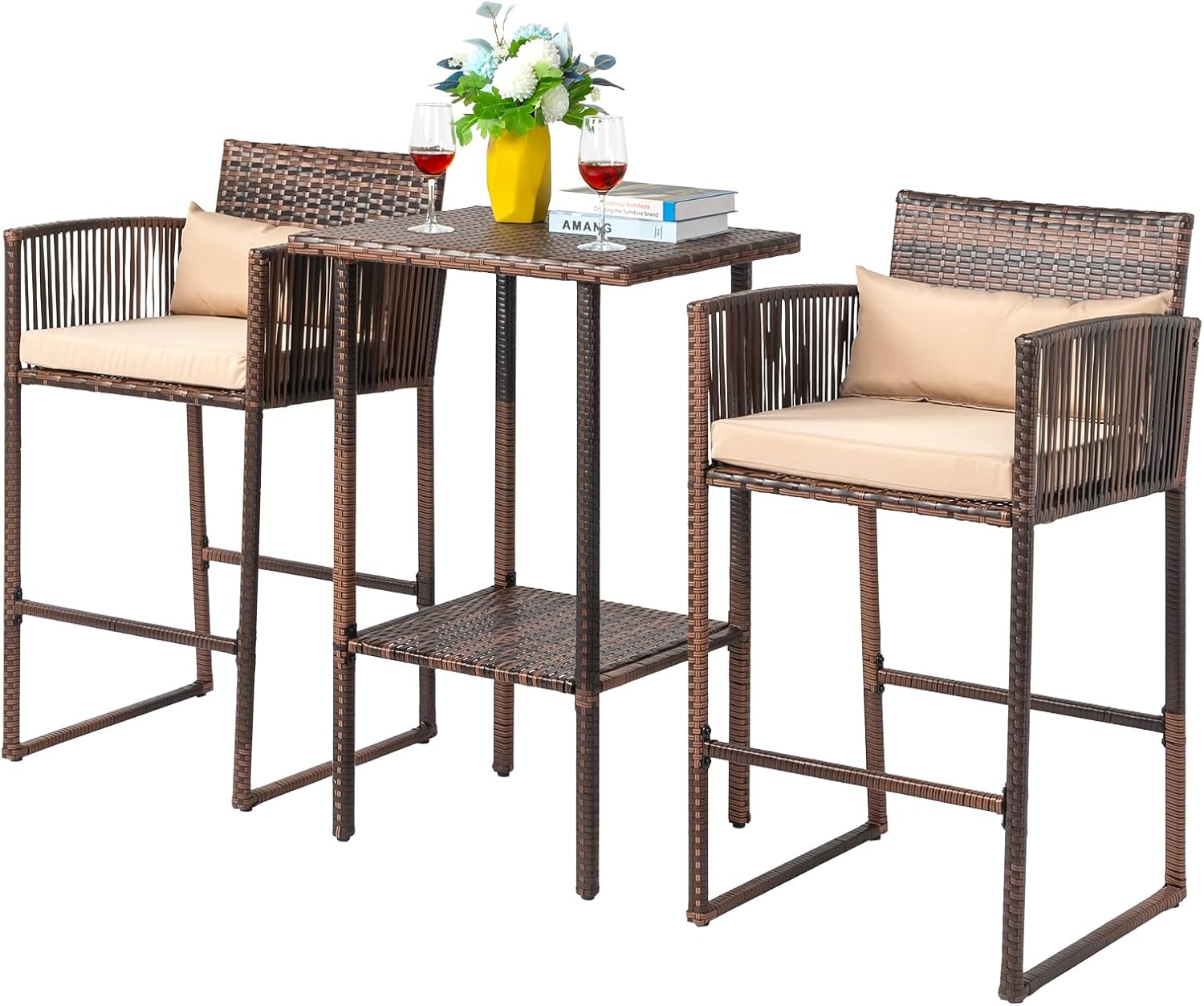 3 PCS Patio Bar Set Wicker, Outdoor Bar Table and Bar Stools with Storage Shelf and Cushions