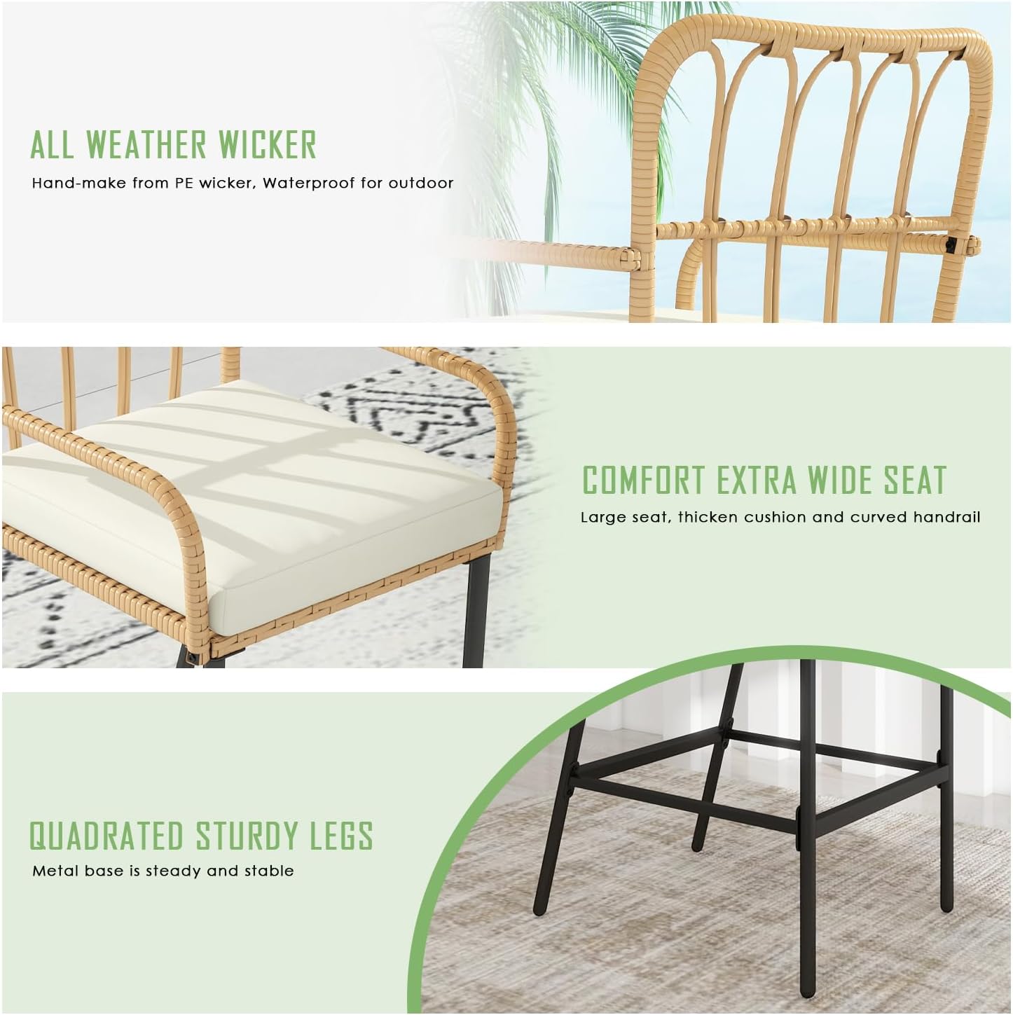 3 Pieces Patio Bar Table Set, Outdoor Wicker Bar, All Weather Height Bar Stools and Table Set, for Garden, Deck