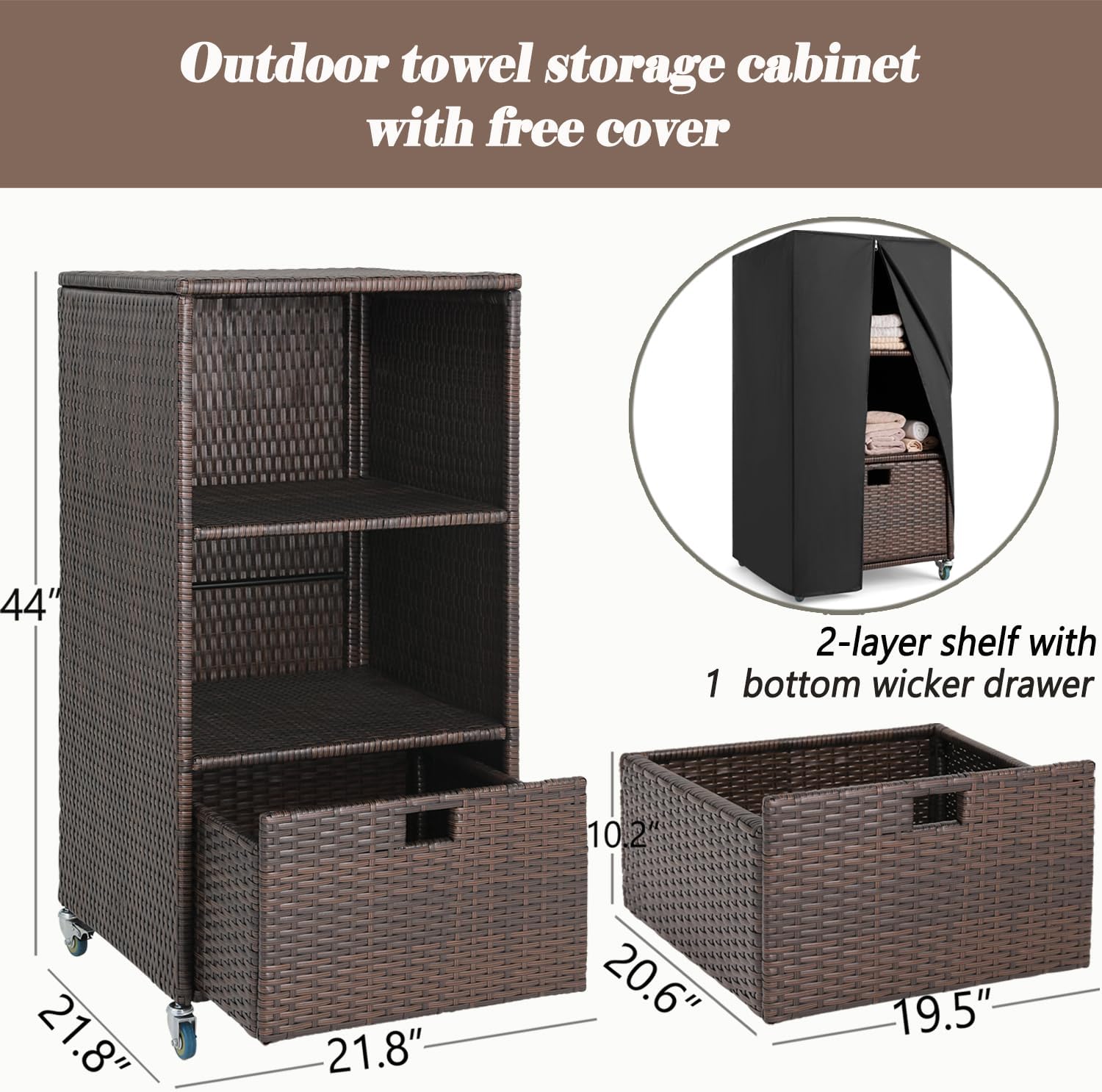 Outdoor Pool Towel Storage Cabinet Organizer Towel Valet Rack with Storage Shelves & Drawer Patio Wicker Pool Towel Holder
