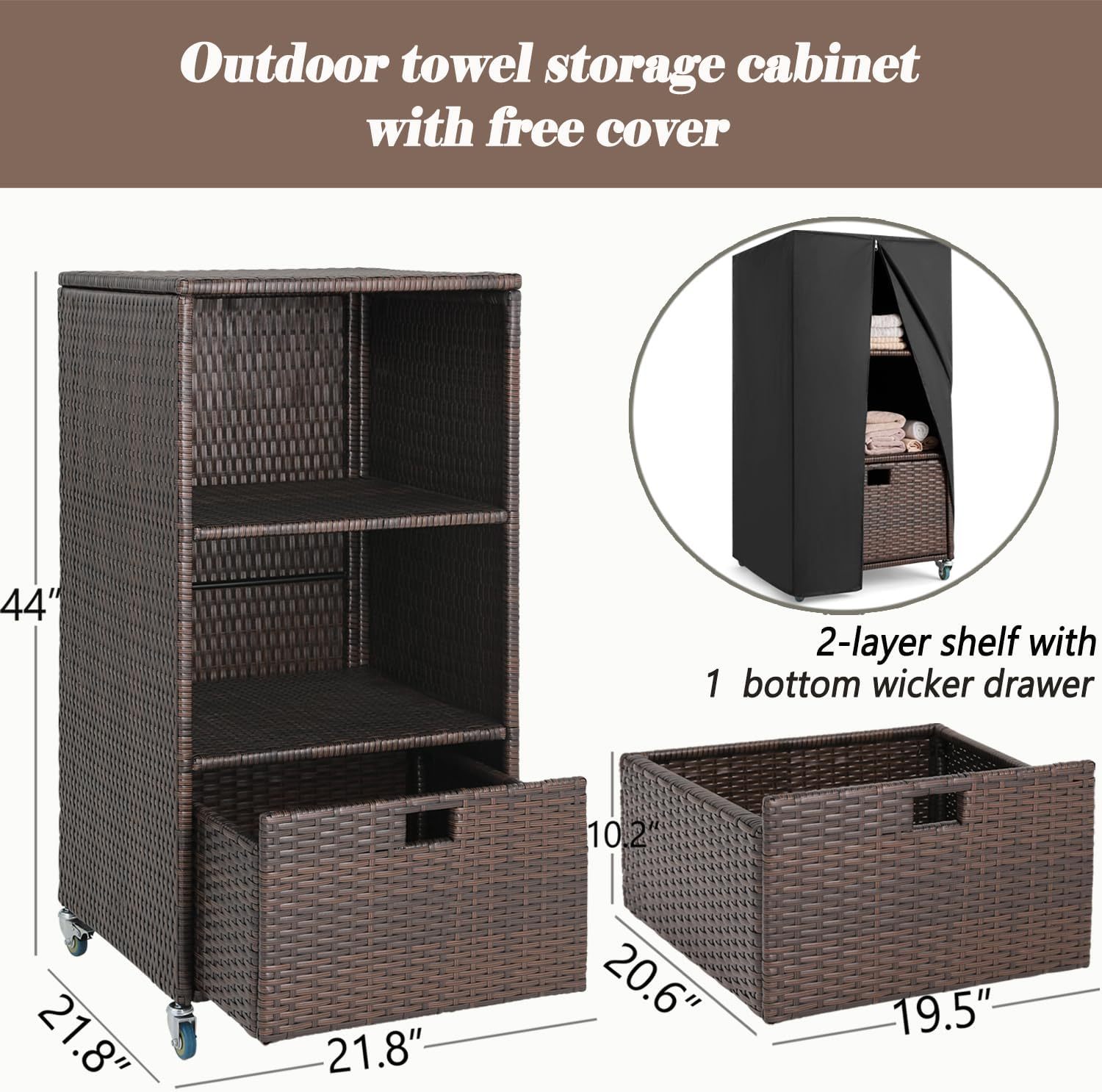 Outdoor Pool Towel Storage Cabinet Organizer Towel Valet Rack with Storage Shelves & Drawer Patio Wicker Pool Towel Holder