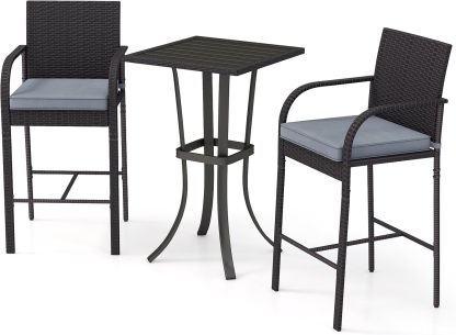 3 Piece Patio Wicker Bar Set, Outdoor Rattan Counter Height Cushioned Chairs & Square Table with Heavy-Duty Metal Frame