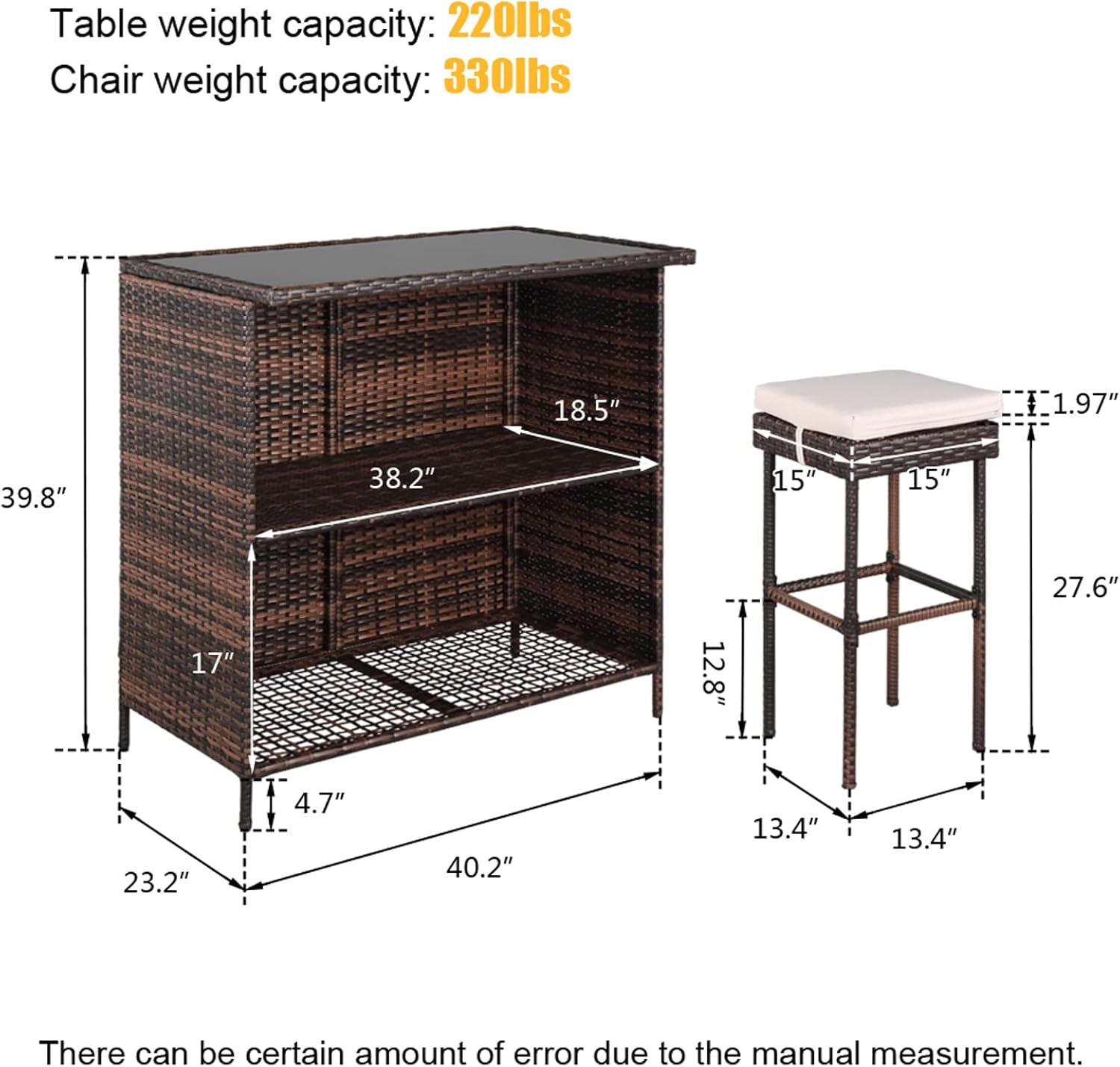 Wicker Patio Outdoor Bar Set with Glass Top Table and Two Cushioned Stools Brown Backyard Furniture