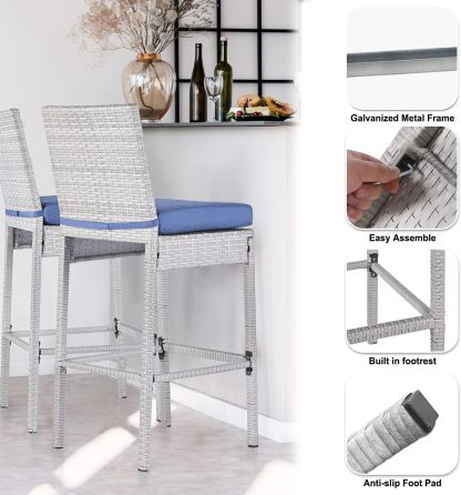 Outdoor Bar Stools Wicker Woven Patio Stools & Patio Bar Chairs Set of 2 Counter Bar Height Stools with Footrest