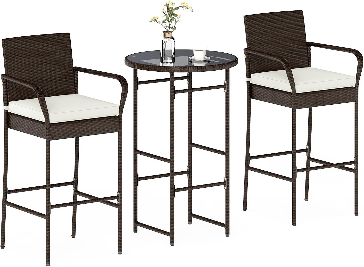 3 Piece Outdoor Bar Set, Patio Rattan Heavy Duty Bar Height Glass Top Table & Chairs