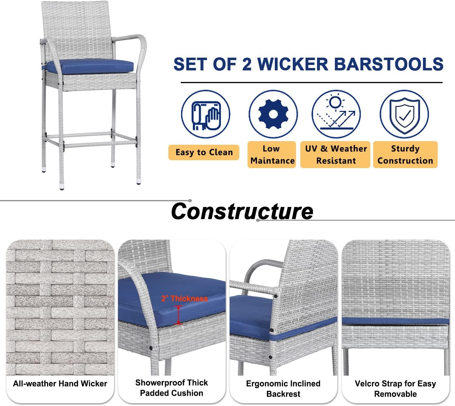 Outdoor Bar Stools Set of 4 Patio Chairs Bar Height Wicker Counter Height Bar Stools Patio Stools & Bar Chairs with Footrest Armrest Cushion Navy Blue