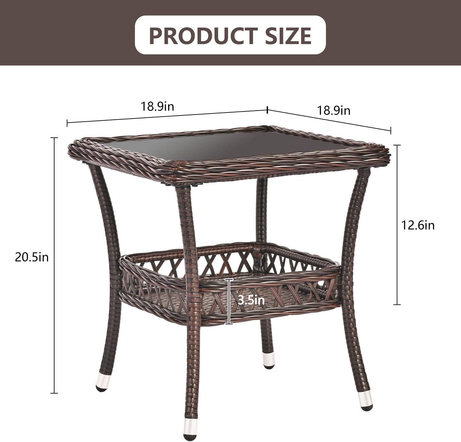 Wicker Coffee Table Outdoor End Table Rattan Bistro Table with Storage & Black Glass Table Top Square