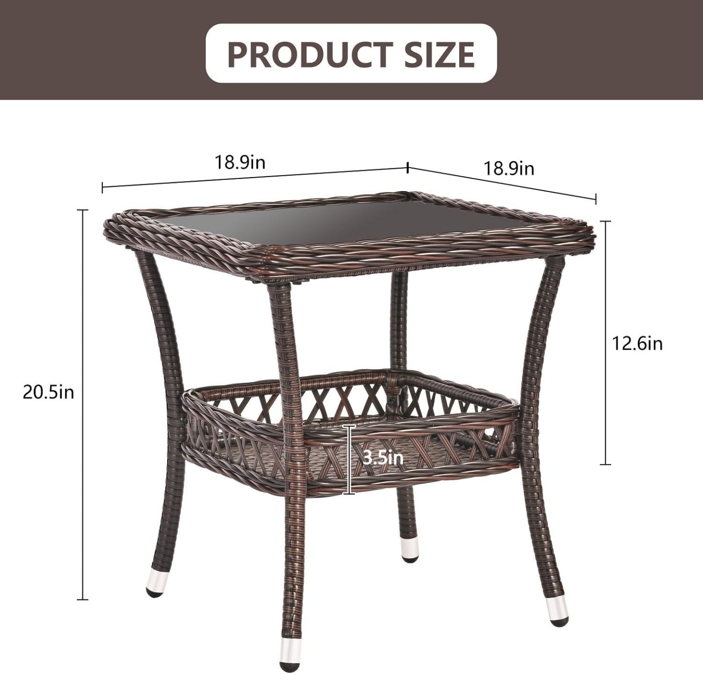Wicker Coffee Table Outdoor End Table Rattan Bistro Table with Storage & Black Glass Table Top Square