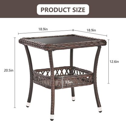Wicker Coffee Table Outdoor End Table Rattan Bistro Table with Storage & Black Glass Table Top Square