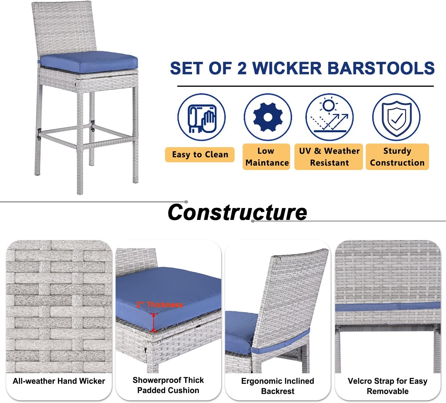 Outdoor Bar Stools Wicker Woven Patio Stools & Patio Bar Chairs Set of 2 Counter Bar Height Stools with Footrest