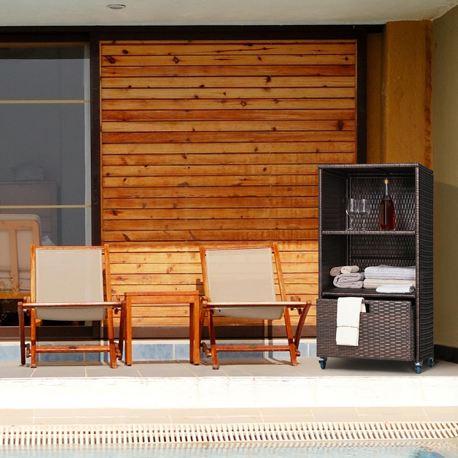 Outdoor Pool Towel Storage Cabinet Organizer Towel Valet Rack with Storage Shelves & Drawer Patio Wicker Pool Towel Holder