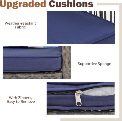 3-Piece Outdoor Wicker Bar Height Table Set, 2 Bar Stools and 1 Pub Table with 2 Striped Pillows, Grey Rattan, Blue Seat Cushions