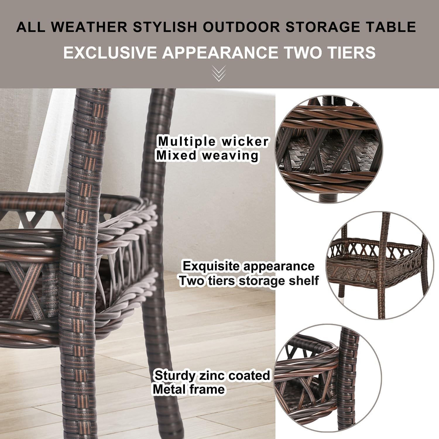 Wicker Coffee Table Outdoor End Table Rattan Bistro Table with Storage & Black Glass Table Top Square