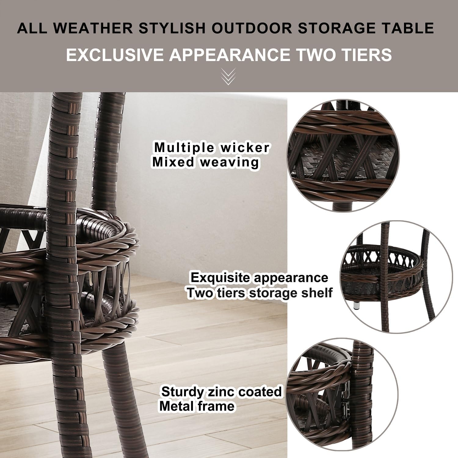 Outdoor Side Table Patio Wicker Coffee Table Outdoor End Table Rattan Bistro Table with Storage & Black Glass Table Top