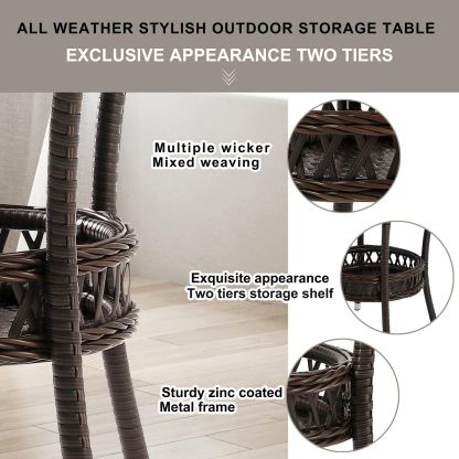 Outdoor Side Table Patio Wicker Coffee Table Outdoor End Table Rattan Bistro Table with Storage & Black Glass Table Top