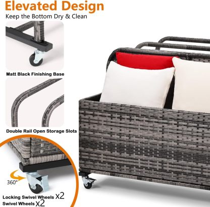 Pool Toy Storage Holder with Wicker Basket Outdoor Pool Float Holder Storage Rack Rolling Pool Caddy Cart