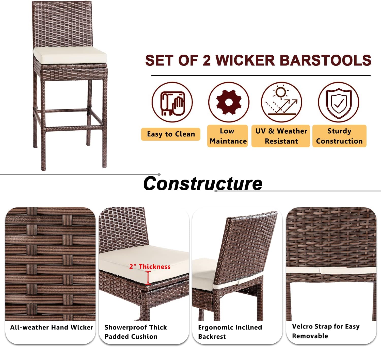 Outdoor Bar Stools Wicker Woven Patio Stools & Patio Bar Chairs Set of 2 Counter Bar Height Stools with Footrest