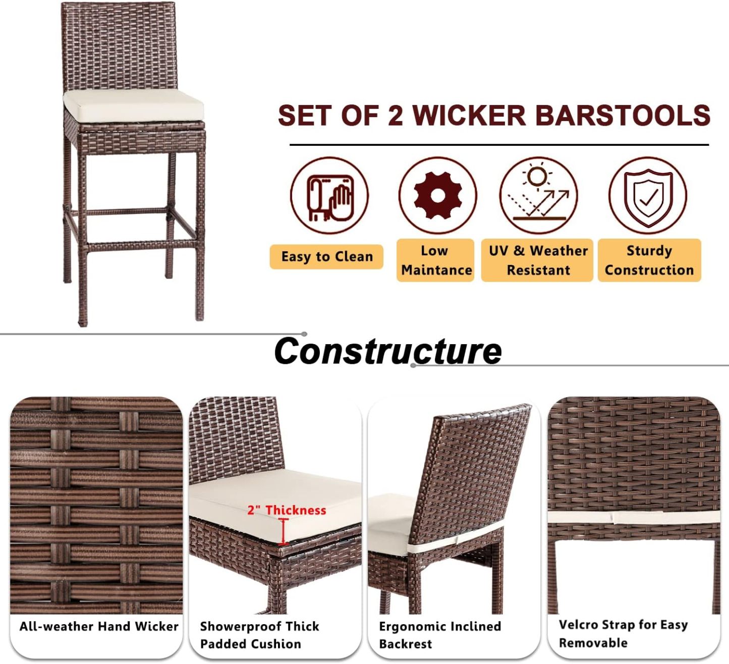 Outdoor Bar Stools Wicker Woven Patio Stools & Patio Bar Chairs Set of 2 Counter Bar Height Stools with Footrest