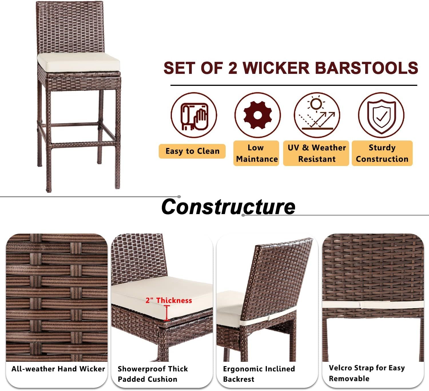 Outdoor Bar Stools Wicker Woven Patio Stools & Patio Bar Chairs Set of 2 Counter Bar Height Stools with Footrest