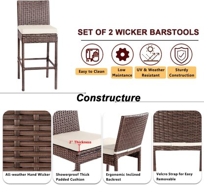 Outdoor Bar Stools Wicker Woven Patio Stools & Patio Bar Chairs Set of 2 Counter Bar Height Stools with Footrest