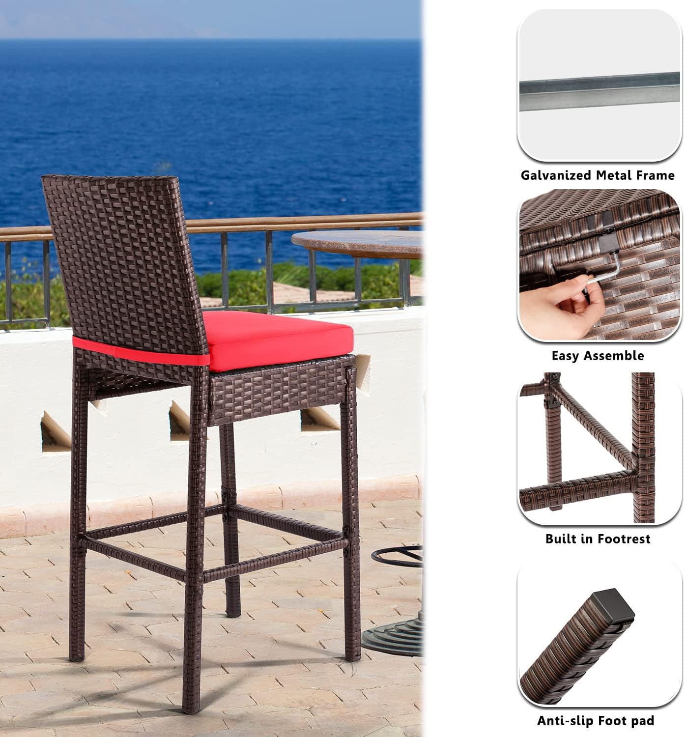 Outdoor Bar Stools Wicker Woven Patio Stools & Patio Bar Chairs Set of 2 Counter Bar Height Stools with Footrest