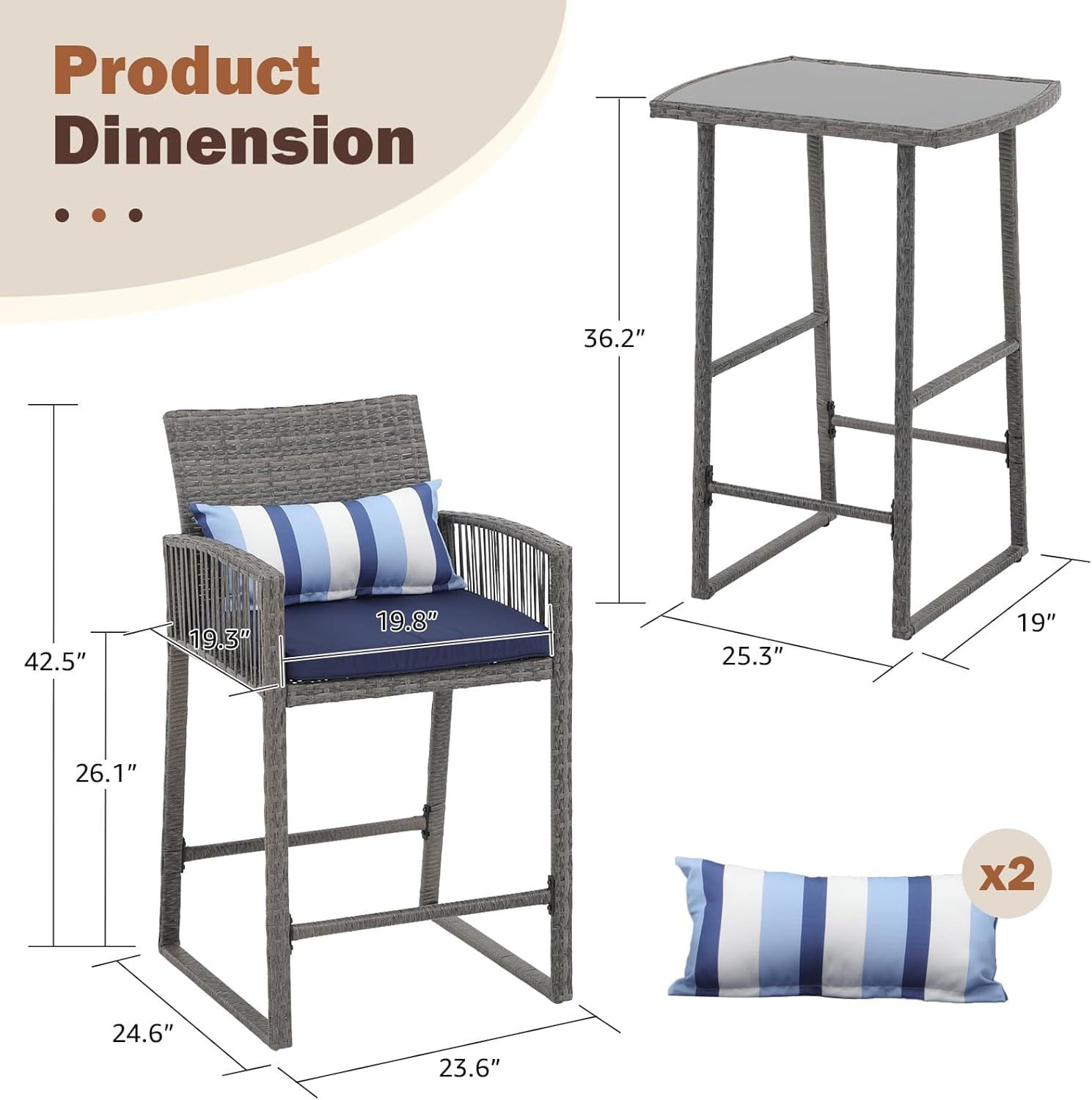 3-Piece Outdoor Wicker Bar Height Table Set, 2 Bar Stools and 1 Pub Table with 2 Striped Pillows, Grey Rattan, Blue Seat Cushions