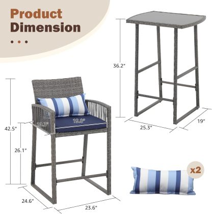 3-Piece Outdoor Wicker Bar Height Table Set, 2 Bar Stools and 1 Pub Table with 2 Striped Pillows, Grey Rattan, Blue Seat Cushions