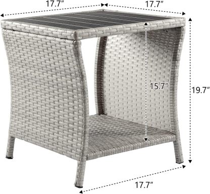 Outdoor Side Table for Patio Small Rattan Wicker Coffee Table Balcony Table Outside End Table with Poly Lumber Table Top & Storage Bistro Table