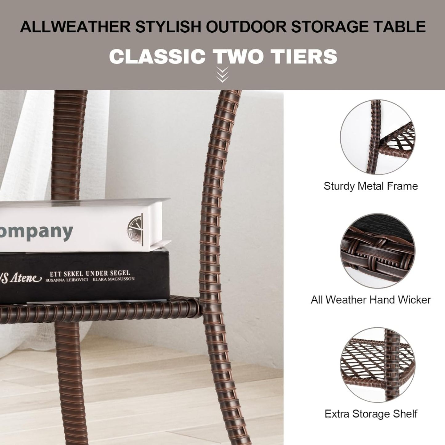 Outdoor Side Table Patio Wicker Coffee Table Outdoor End Table Rattan Bistro Table with Storage & Poly Lumber Table Top