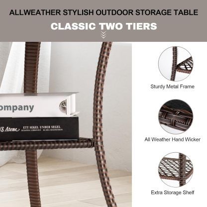 Outdoor Side Table Patio Wicker Coffee Table Outdoor End Table Rattan Bistro Table with Storage & Poly Lumber Table Top
