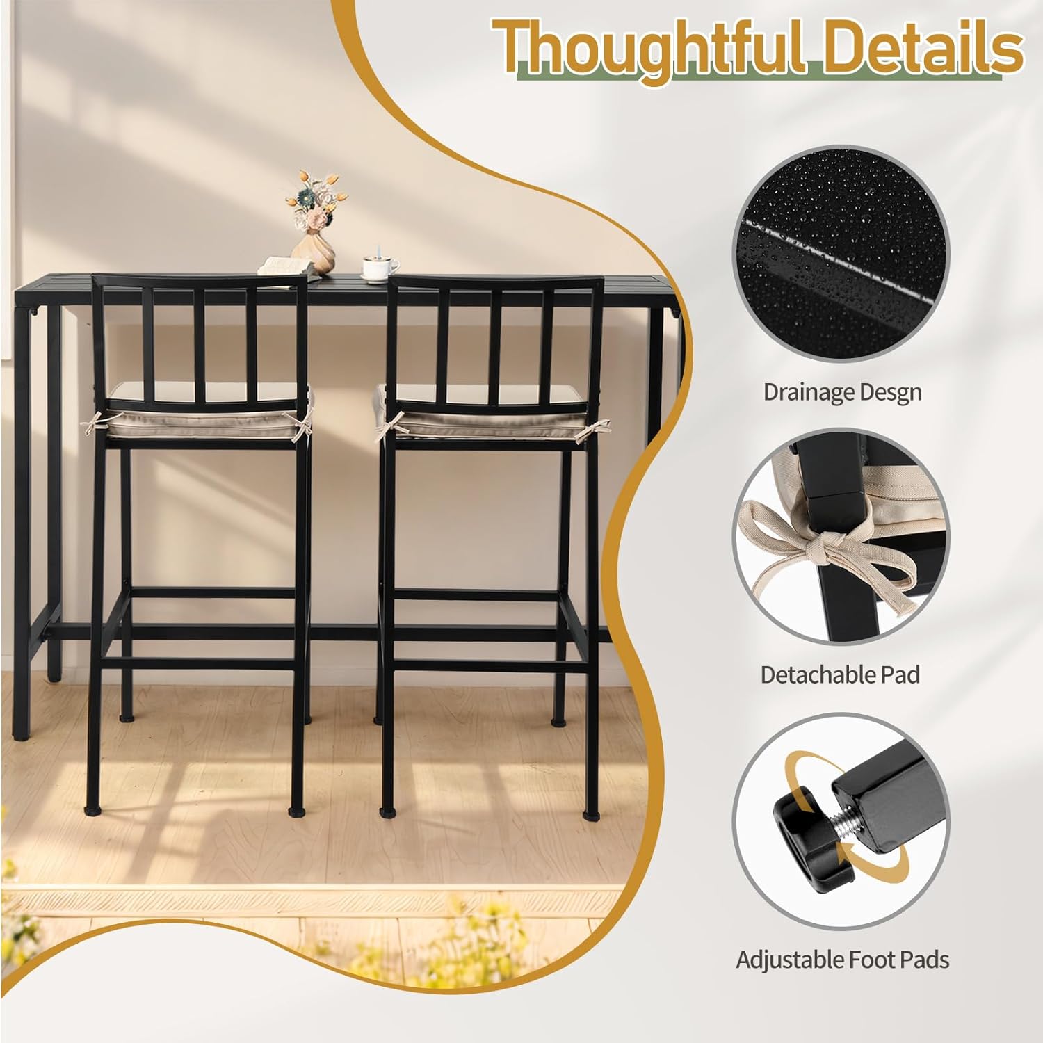 3 Piece Outdoor Patio Bar Set, 55" Pub Height High Top Bar Table & 2 Cushioned Bar Stools