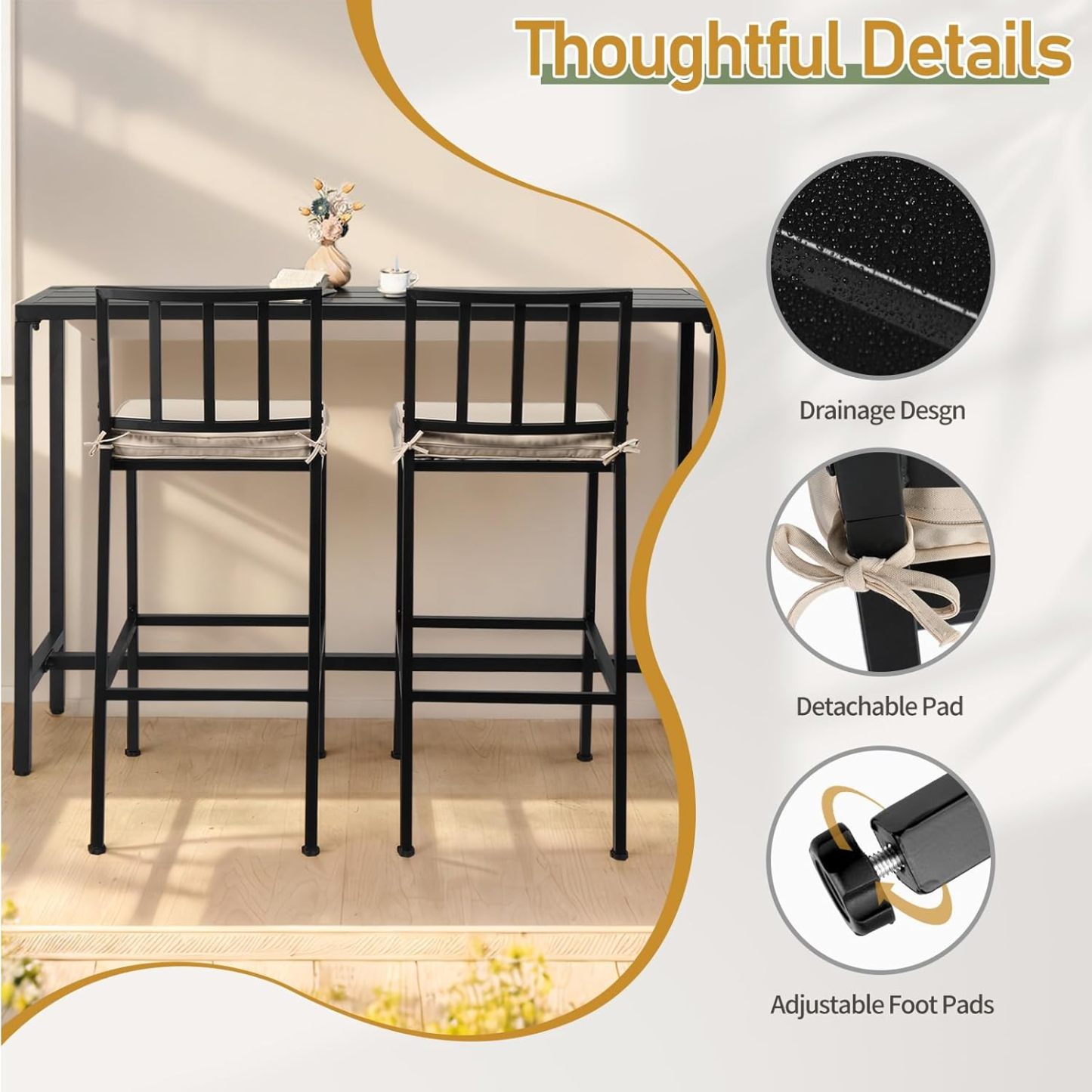 3 Piece Outdoor Patio Bar Set, 55" Pub Height High Top Bar Table & 2 Cushioned Bar Stools