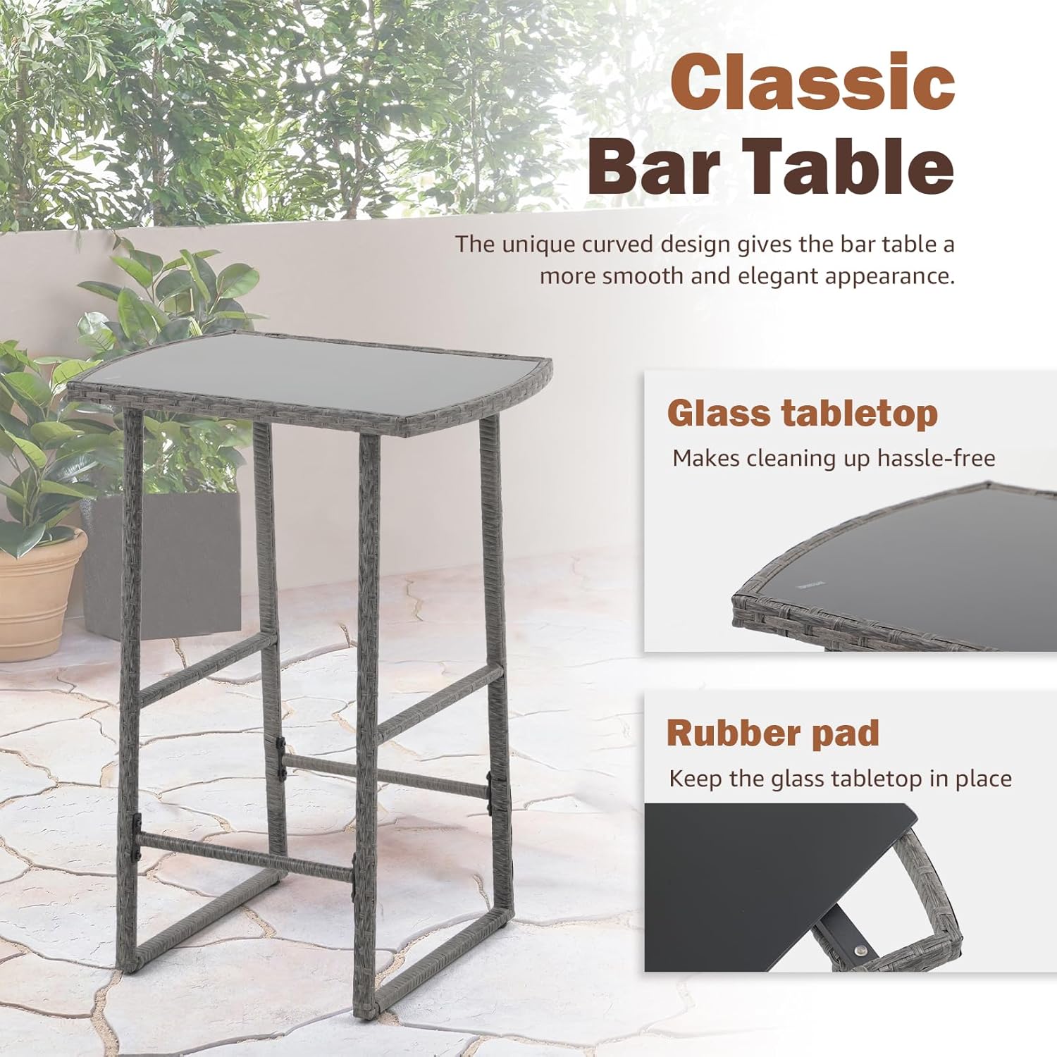 3-Piece Outdoor Wicker Bar Height Table Set, 2 Bar Stools and 1 Pub Table with 2 Striped Pillows, Grey Rattan, Blue Seat Cushions