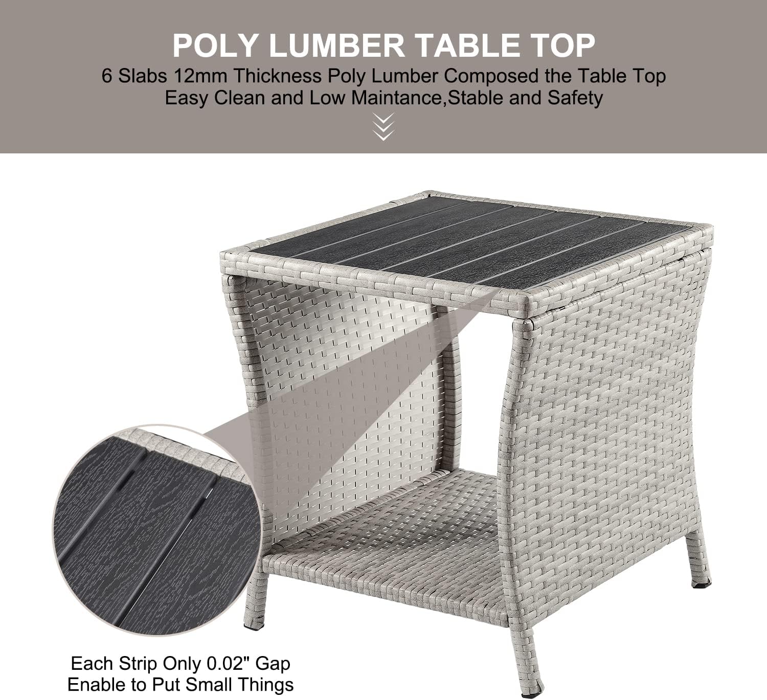 Outdoor Side Table for Patio Small Rattan Wicker Coffee Table Balcony Table Outside End Table with Poly Lumber Table Top & Storage Bistro Table