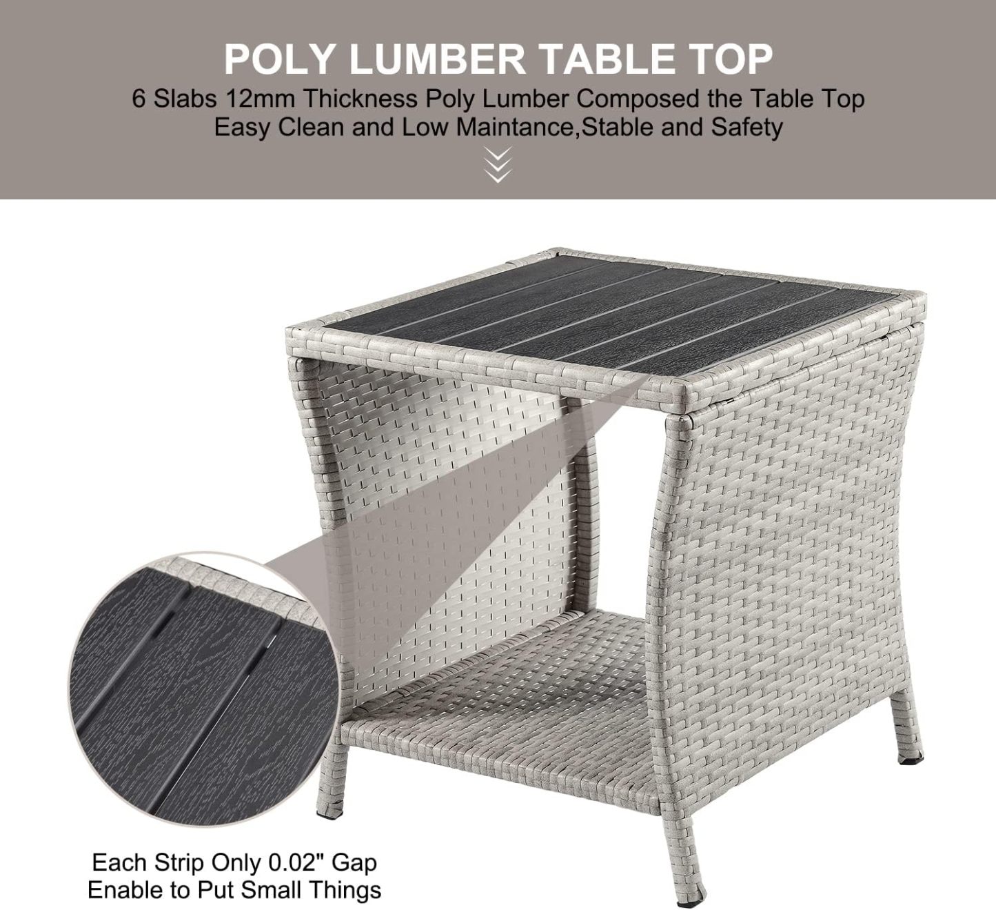 Outdoor Side Table for Patio Small Rattan Wicker Coffee Table Balcony Table Outside End Table with Poly Lumber Table Top & Storage Bistro Table