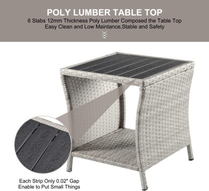 Outdoor Side Table for Patio Small Rattan Wicker Coffee Table Balcony Table Outside End Table with Poly Lumber Table Top & Storage Bistro Table