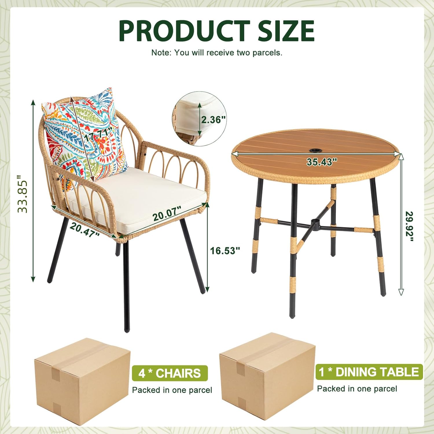 5-Piece Patio Table and Chairs Set, Outdoor Dining Table Chair Set with Umbrella Hole, Rattan Patio Furniture Dining Set for 4