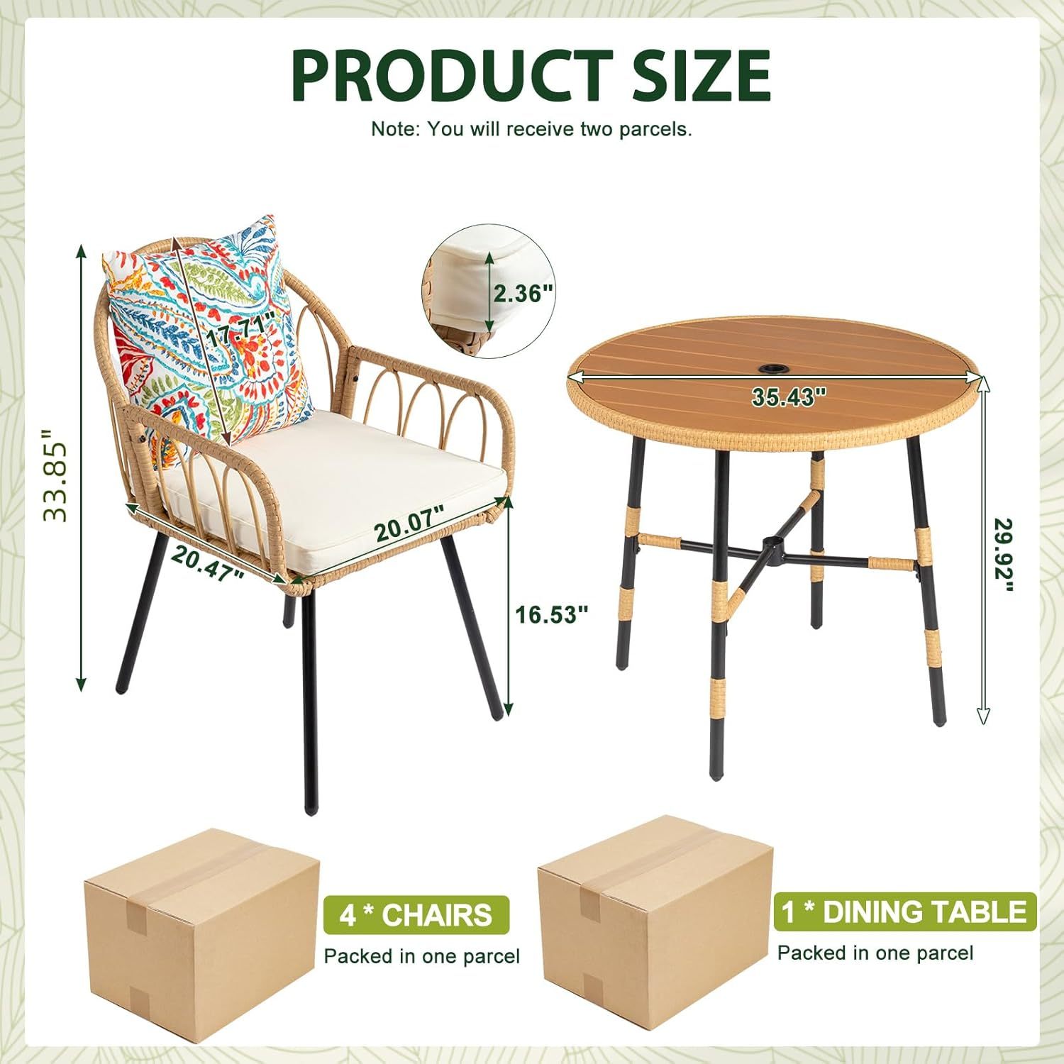 5-Piece Patio Table and Chairs Set, Outdoor Dining Table Chair Set with Umbrella Hole, Rattan Patio Furniture Dining Set for 4